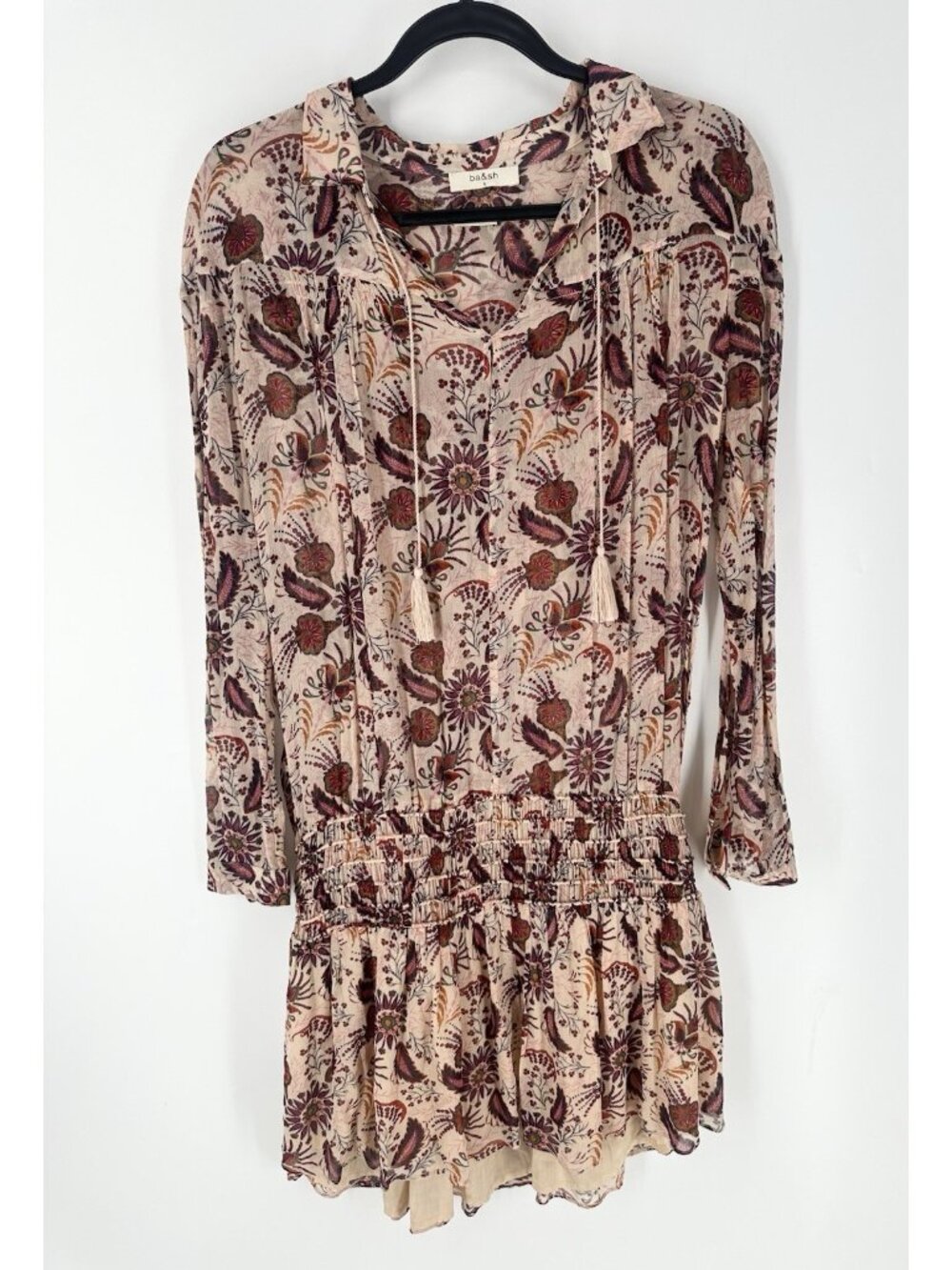 Ba&sh Yanis Smocked Mini Dress Nude Red Paisley Drop Waist Floral S $320 READ